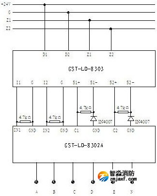 GST-LD-8303型模块与GST-LD-8302A型模块组合连接的方法